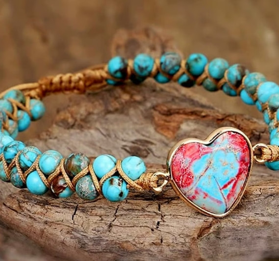 2025HOT!Natural Turquoise Stone Beaded Jasper Gemstone Heart Charm Bracelet Gift
