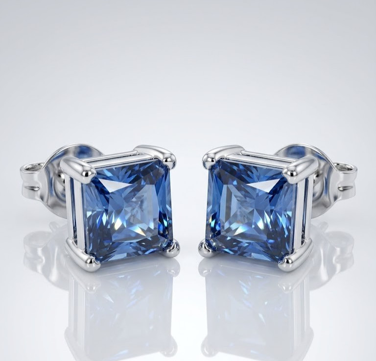 4.00 Ct Blue Princess Cut Diamond Solitaire Studs, Great Sparkle ,925 Silver