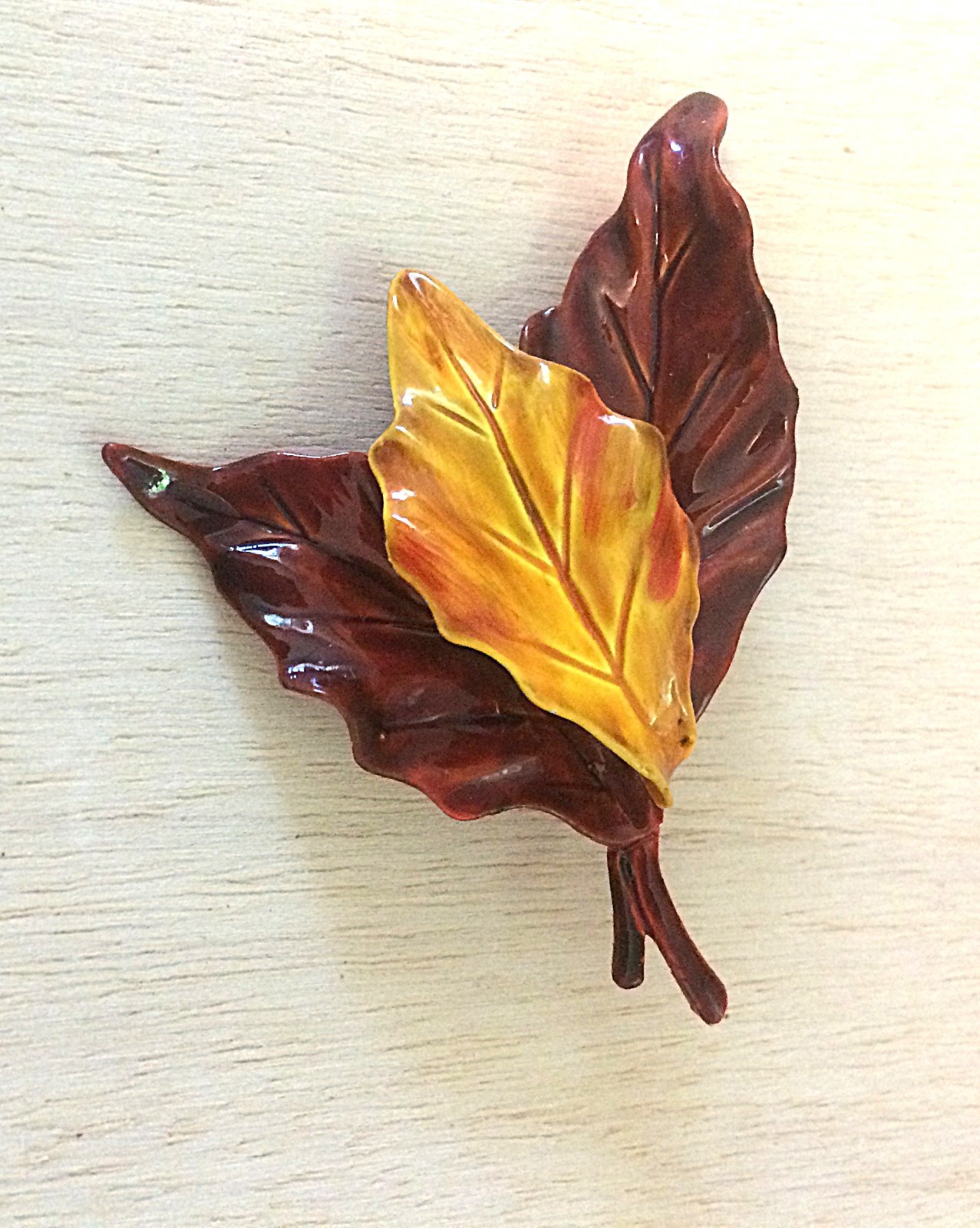 Vintage Enamel Autumn Leaf Brooch Pin Glossy Brown Yellow Fall Foliage 3″