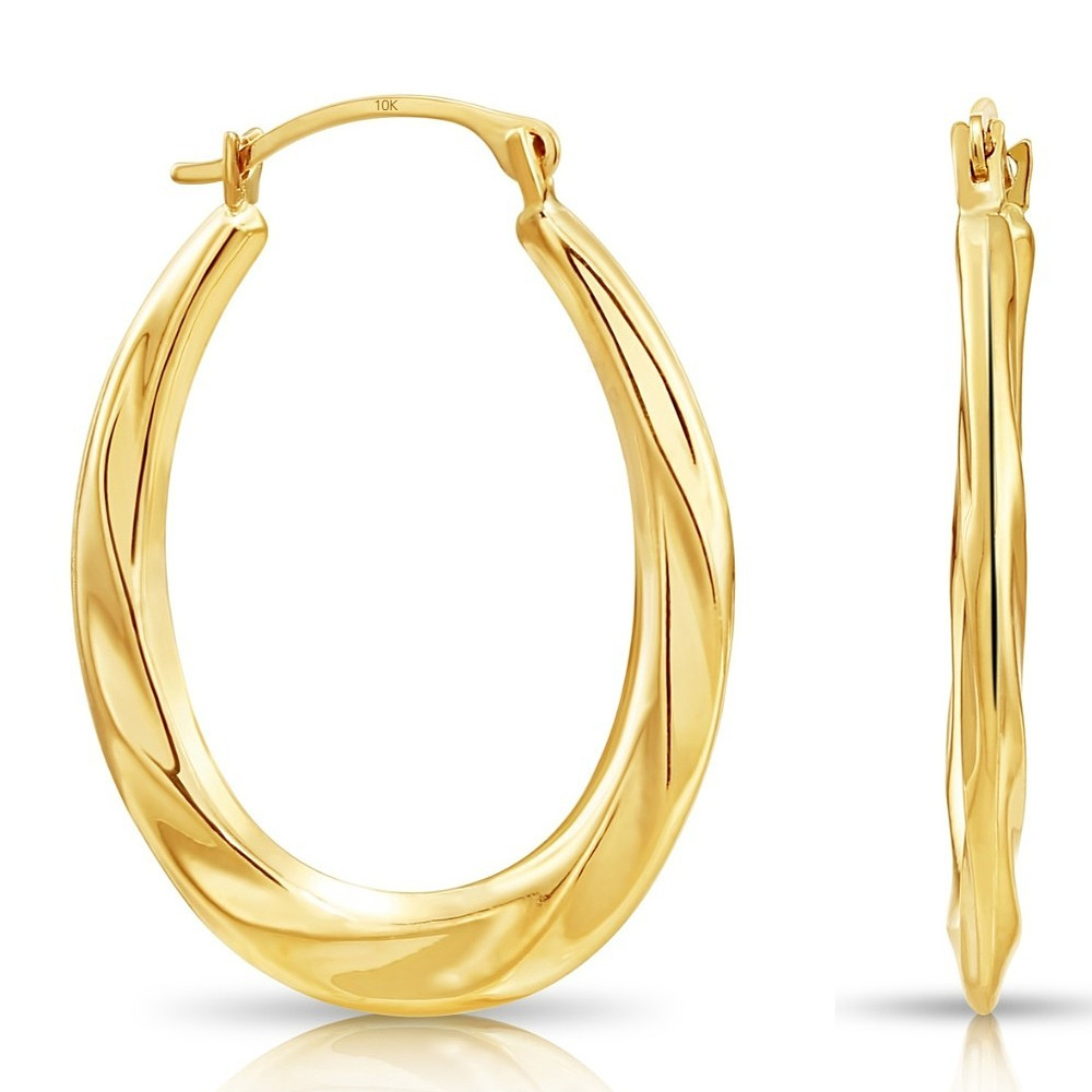 10K Real Solid Yellow Gold Twisted Oval Creole Hoops Earrings Medium Size 22MM