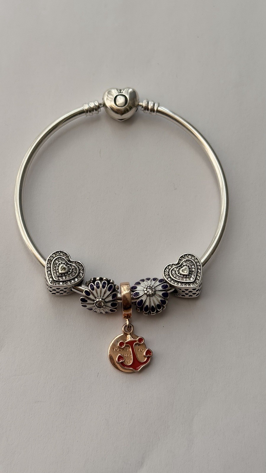 AUTHENTIC PANDORA 925 STERLING SILVER SNAKE CHAIN BRACELET WITH 5 CHARMS