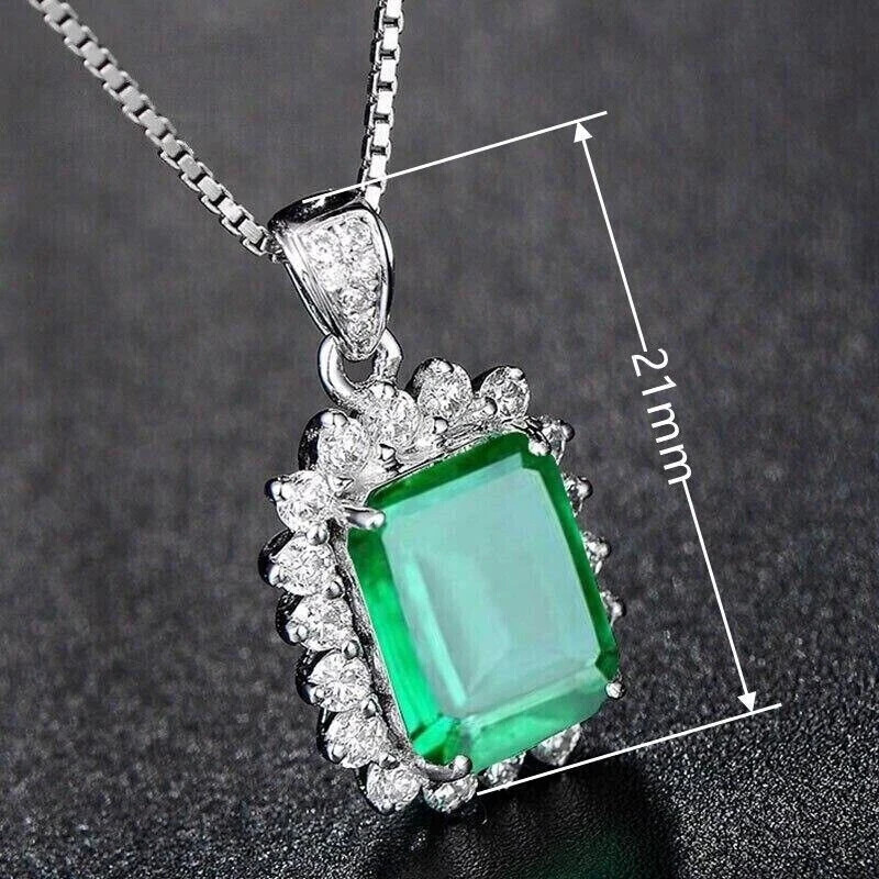4Ct Emerald Cut Lab-Created Emerald Halo Pendant 14K White Gold Plated 16″ Chai