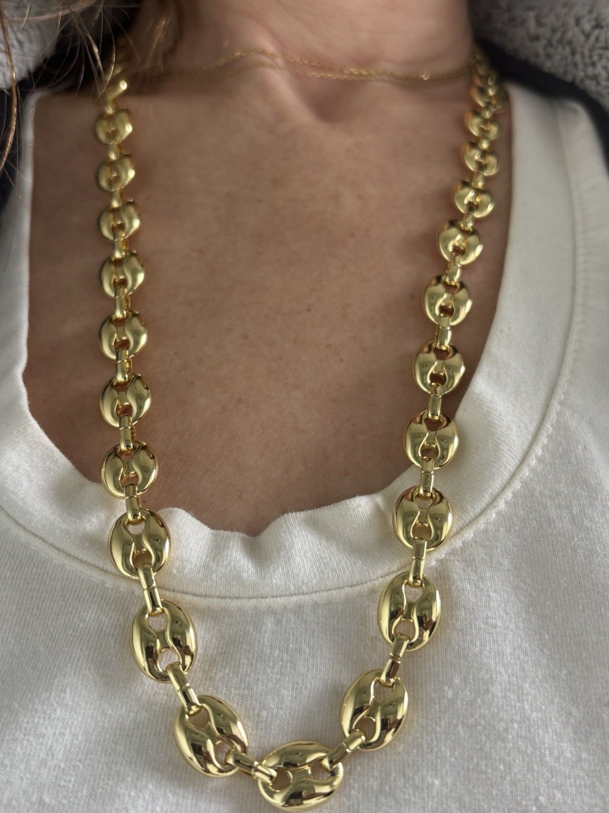 14k Yellow Gold Plated Puffy Puffed Anchor Mariner Link Chain Necklace 1cm 26in