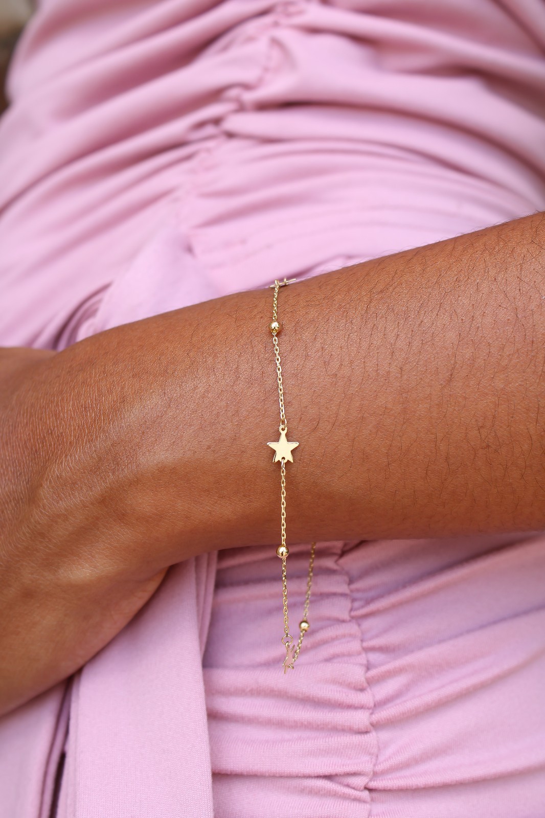 14k Solid Gold Dainty Star Bracelet Adjustable from 7″ to 7.5″ 1mm Cable Chain