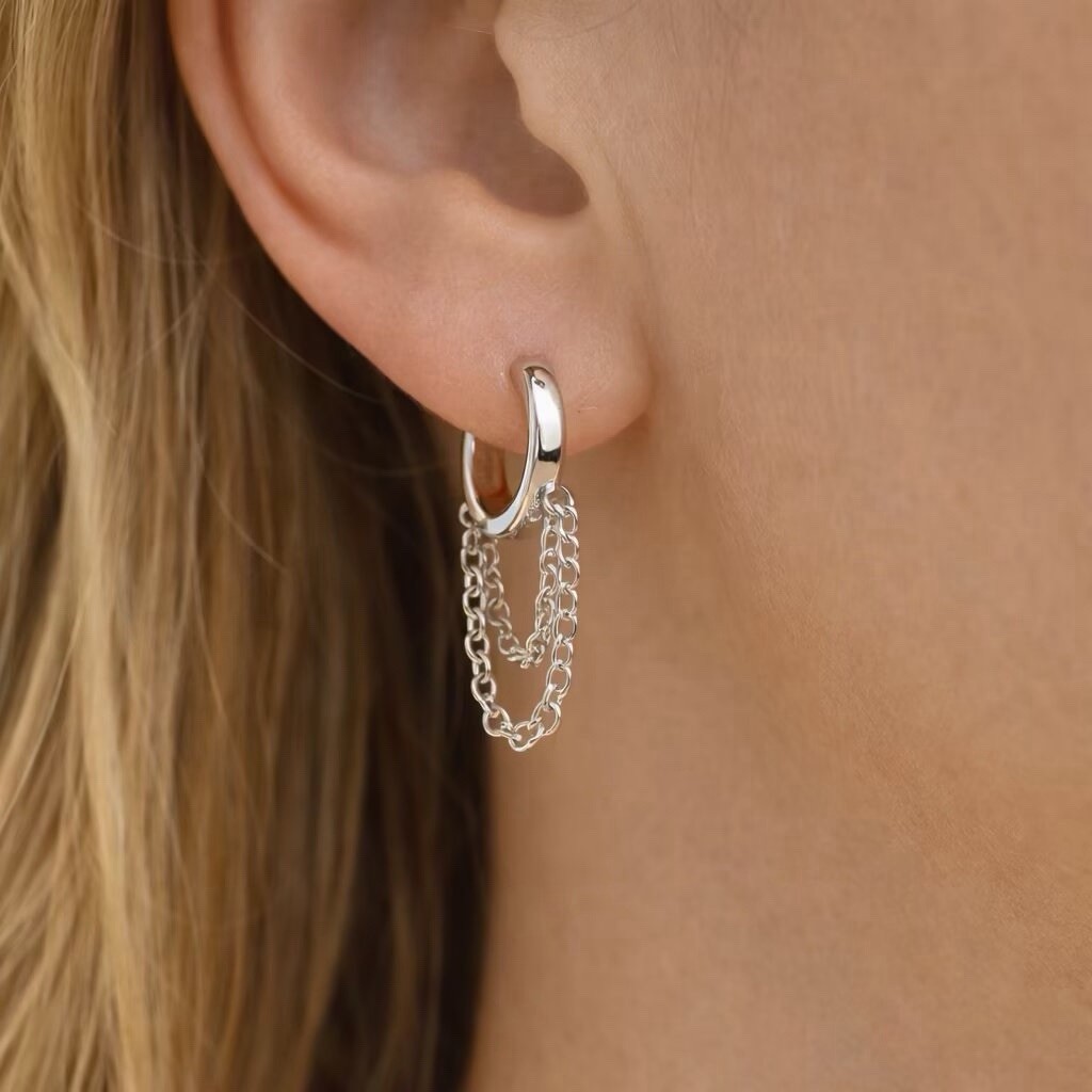925 Silver Chain Huggie Hoop Earrings Dangle Double Chain Drop Earrings 087