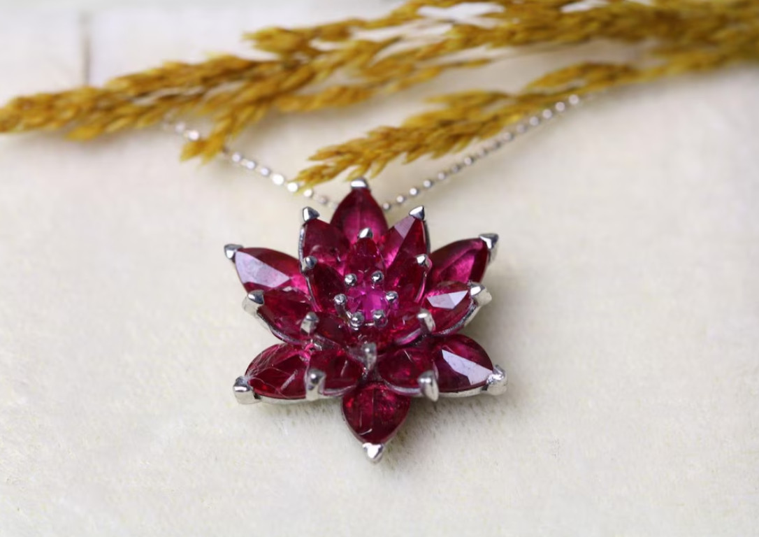 Minimalist Ruby Lotus Necklace 925 Silver Ruby Pendant July Birthstone Gift