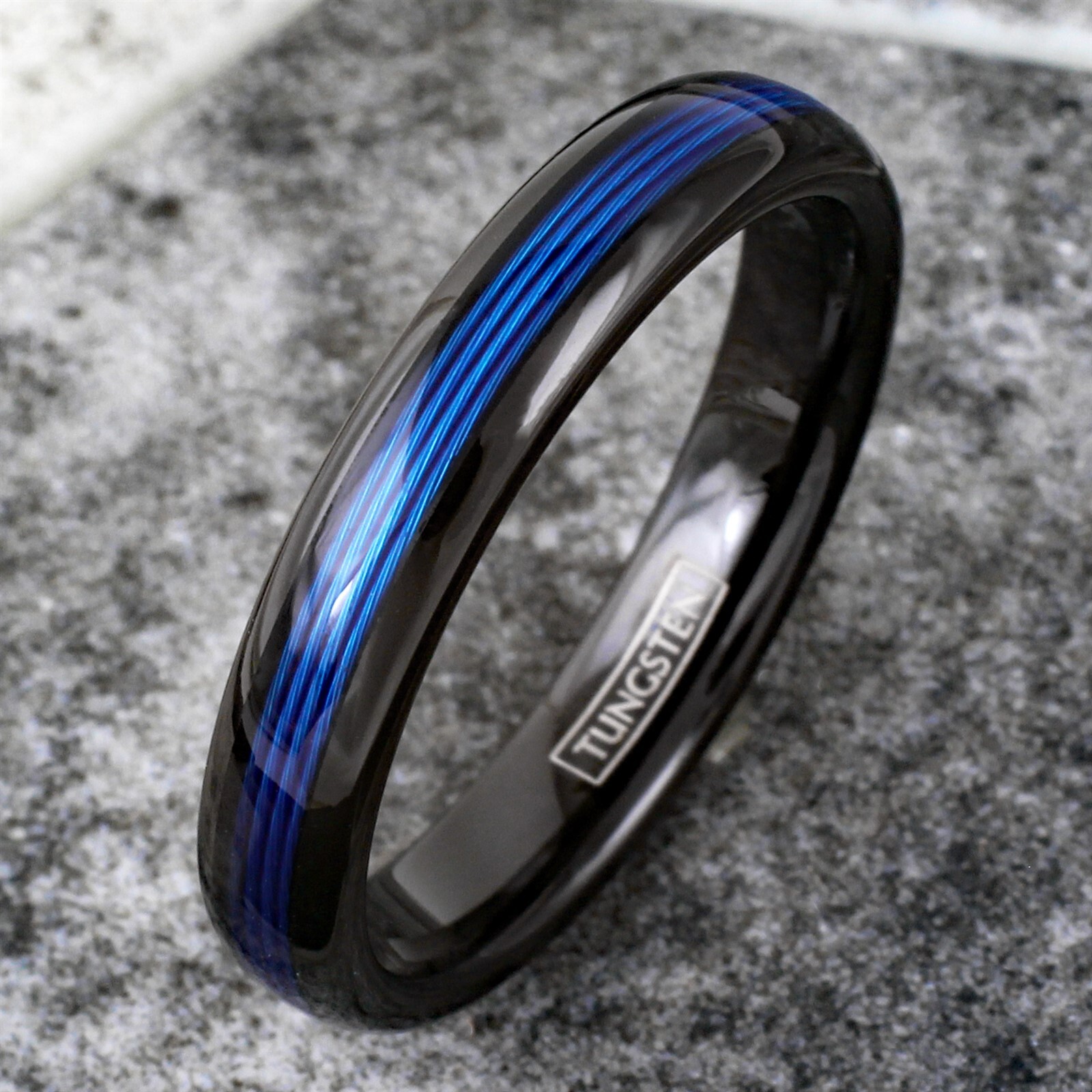Tungsten Carbide Blue Fishing Line Thin Plain Band – Black or Silver