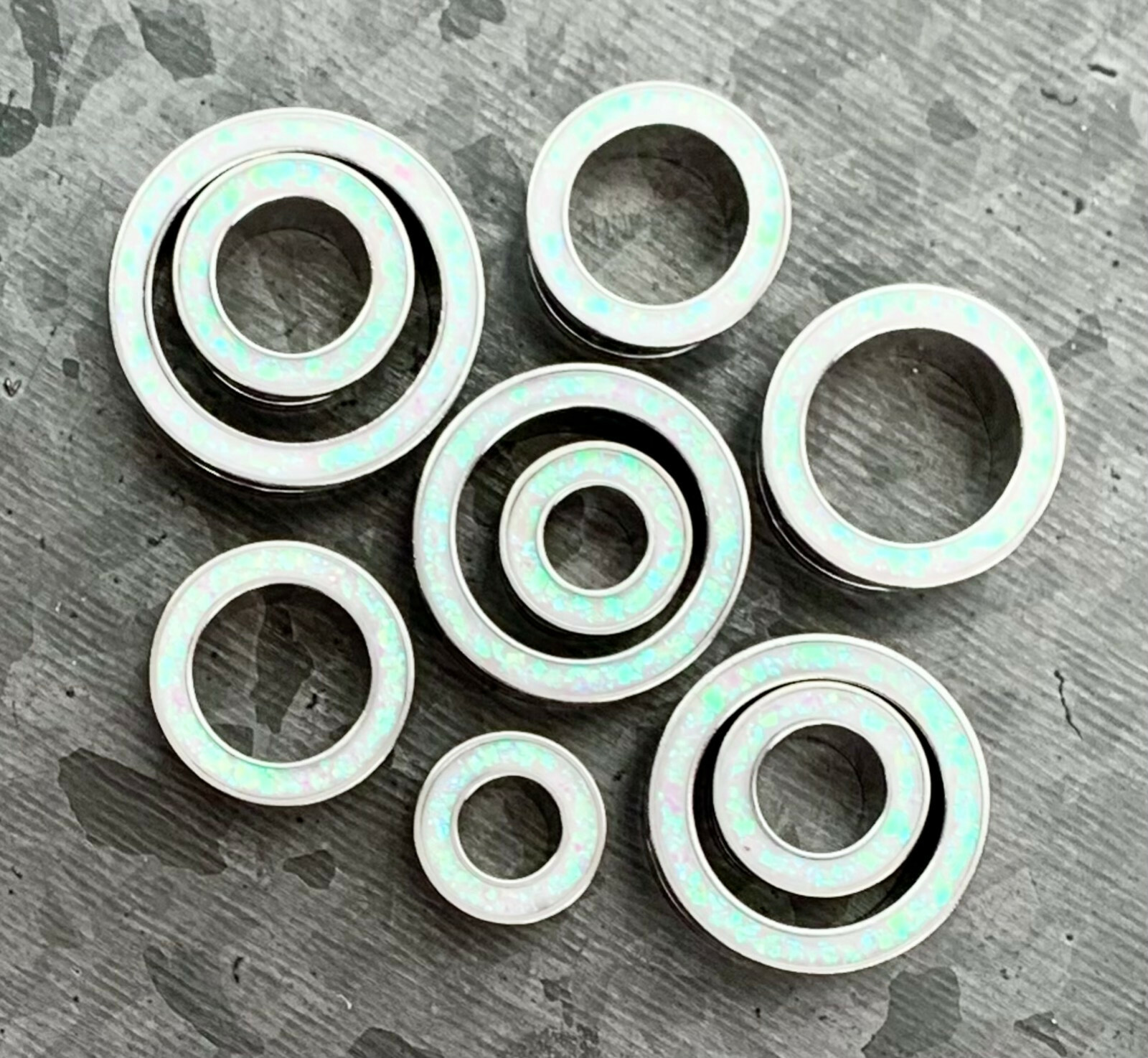 PAIR White Opal Glitter Rim Screw Fit Tunnels Ear Plugs Earlet Rimmed Gauges