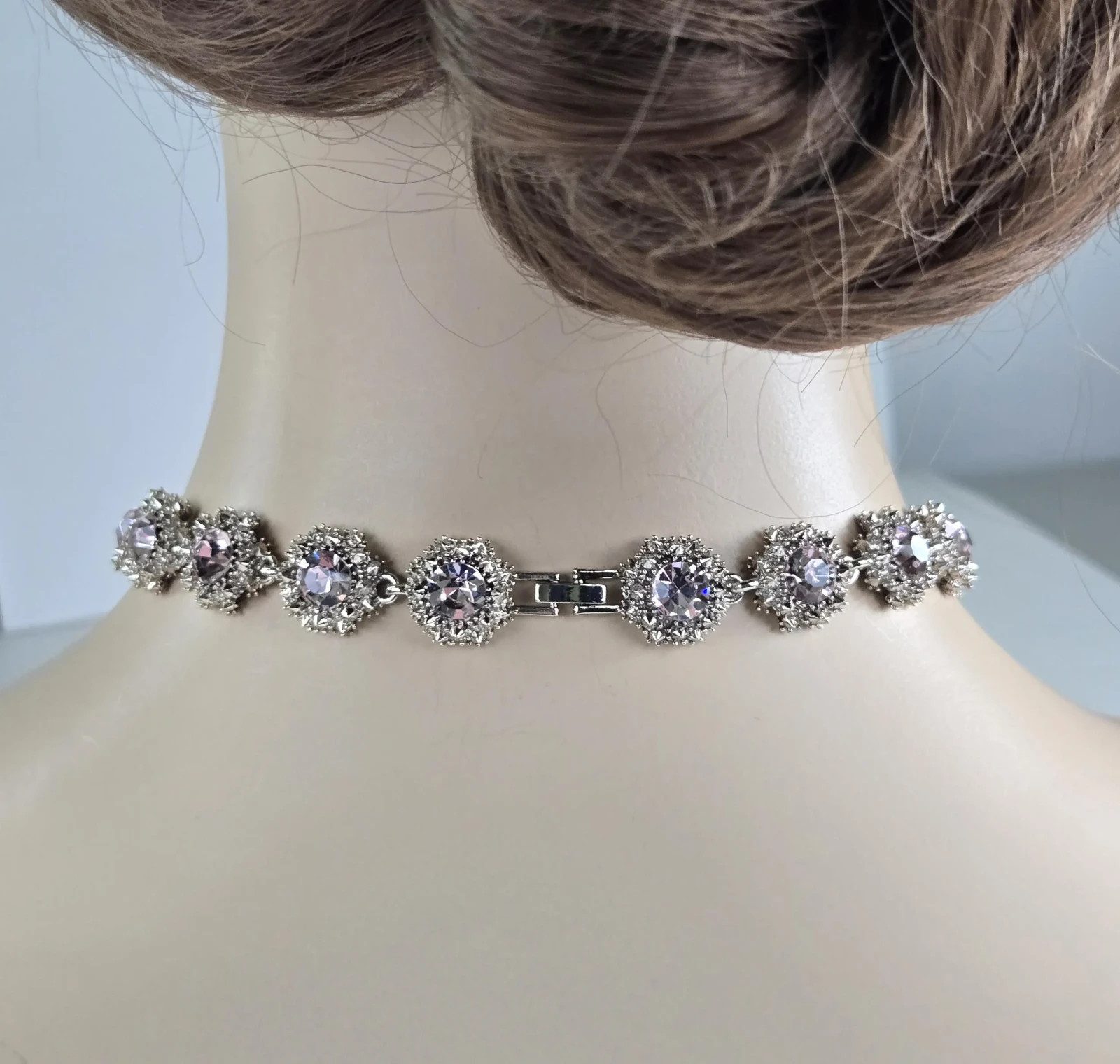 Pink Rhinestone Necklace Victorian Style 16 In Statement Special Occasion Silver