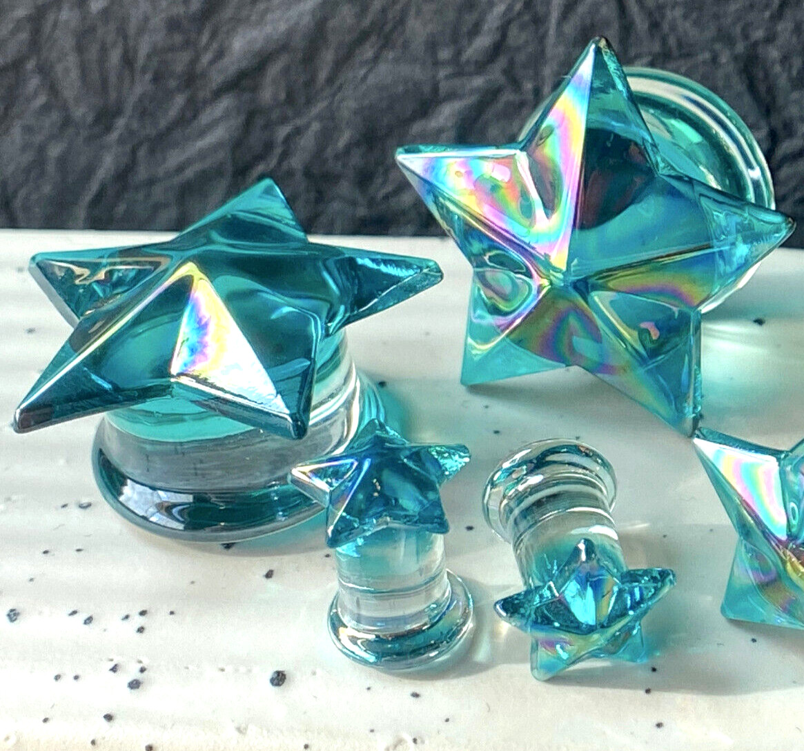 PAIR Glass Plugs Aqua Star Double Flare Gauges Tunnels Piercing Body Jewelry