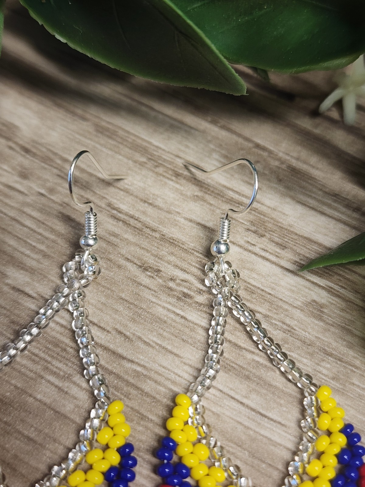 Handmade Seed Bead Earrings Colombia Flag Colors Boho Dangle Teardrop Jewelry