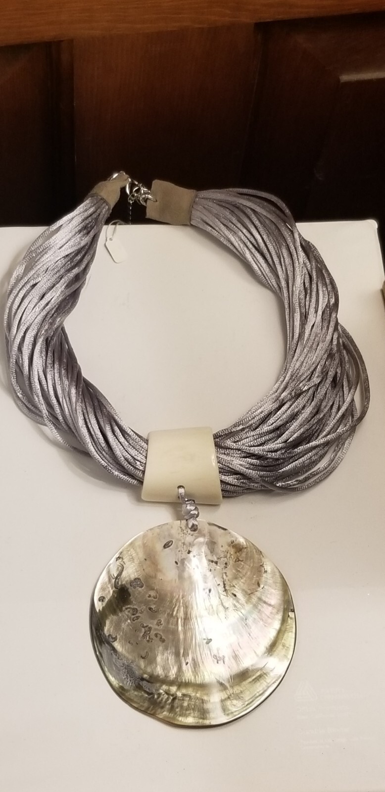 GRAY SILK MULTI-STRAND ABALONE SHELL PORCELAIN LEATHER NECKLACE MONIQUE LESHMAN