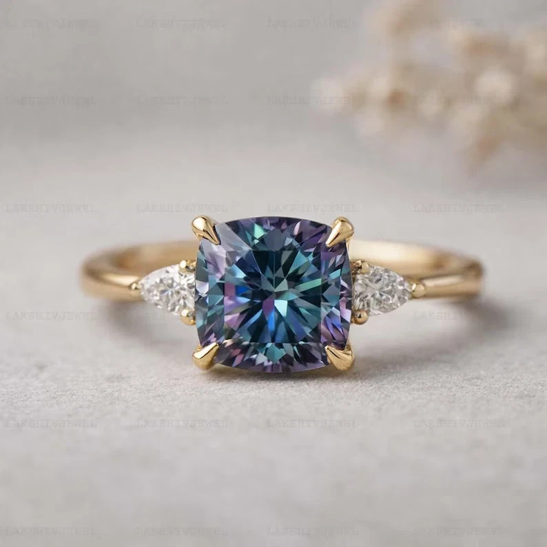 2Ct Cushion Lab Created Alexandrite Diamond Womens Ring 14K Yellow Gold Plated