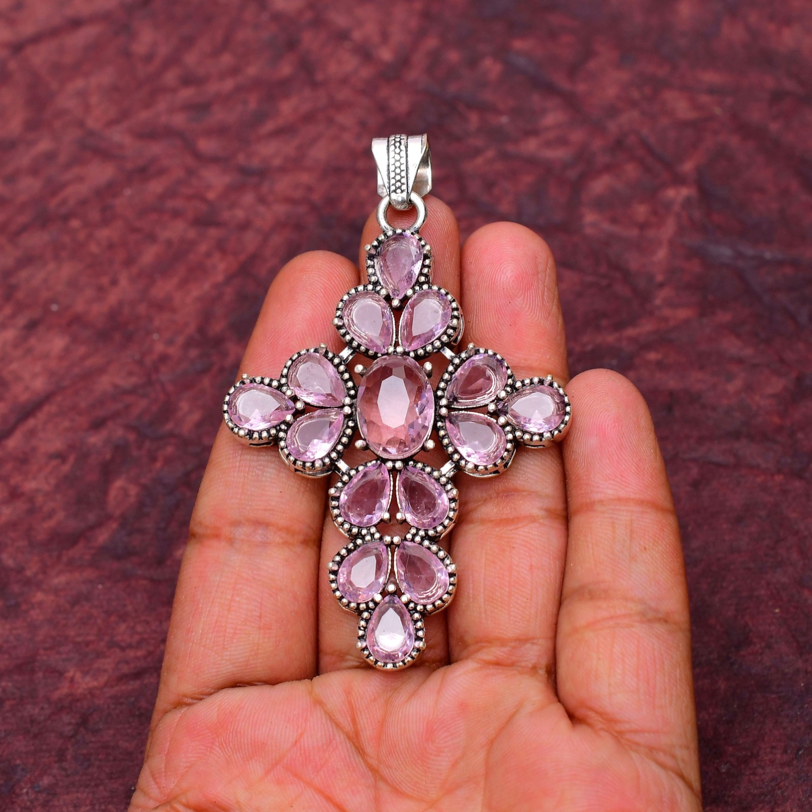 Pink Kunzite Gemstone 925 sterling silver Handmade Cross Pendant jewelry 2.75″