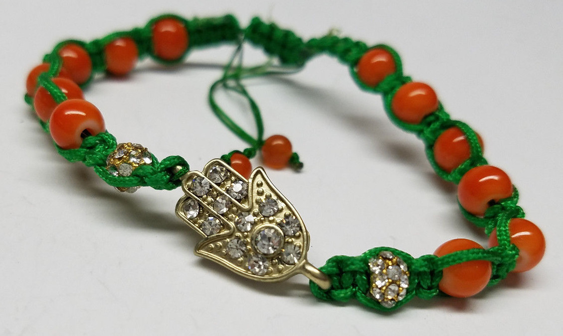 HAMSA HAND GOOD LUCK PROTECTION BRAIDED BEADED ROPE BRACELET RHINESTONE – ORANGE