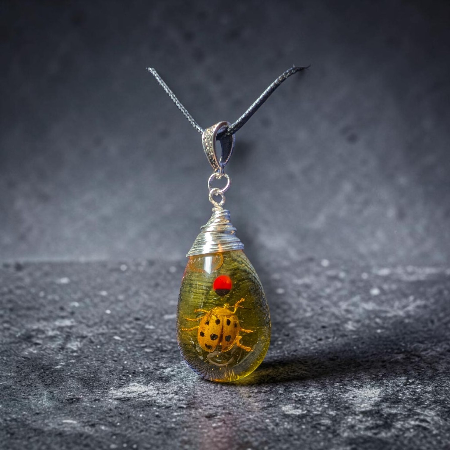 Yellow Resin Teardrop Ladybug Wire Wrapped Handmade Pendant Necklace,