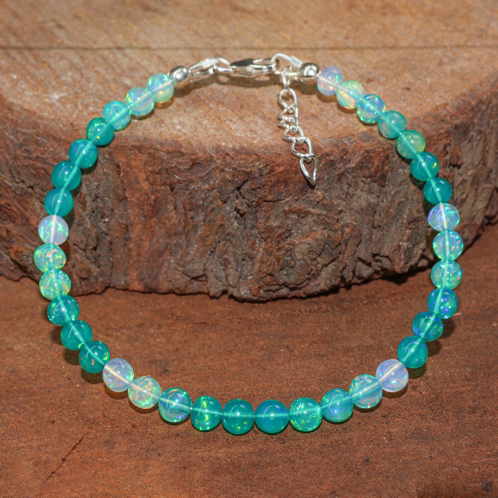 Shaded Green Opal Gemstone Round Beads Bracelet, Ethiopian Fire Opal Bracelet