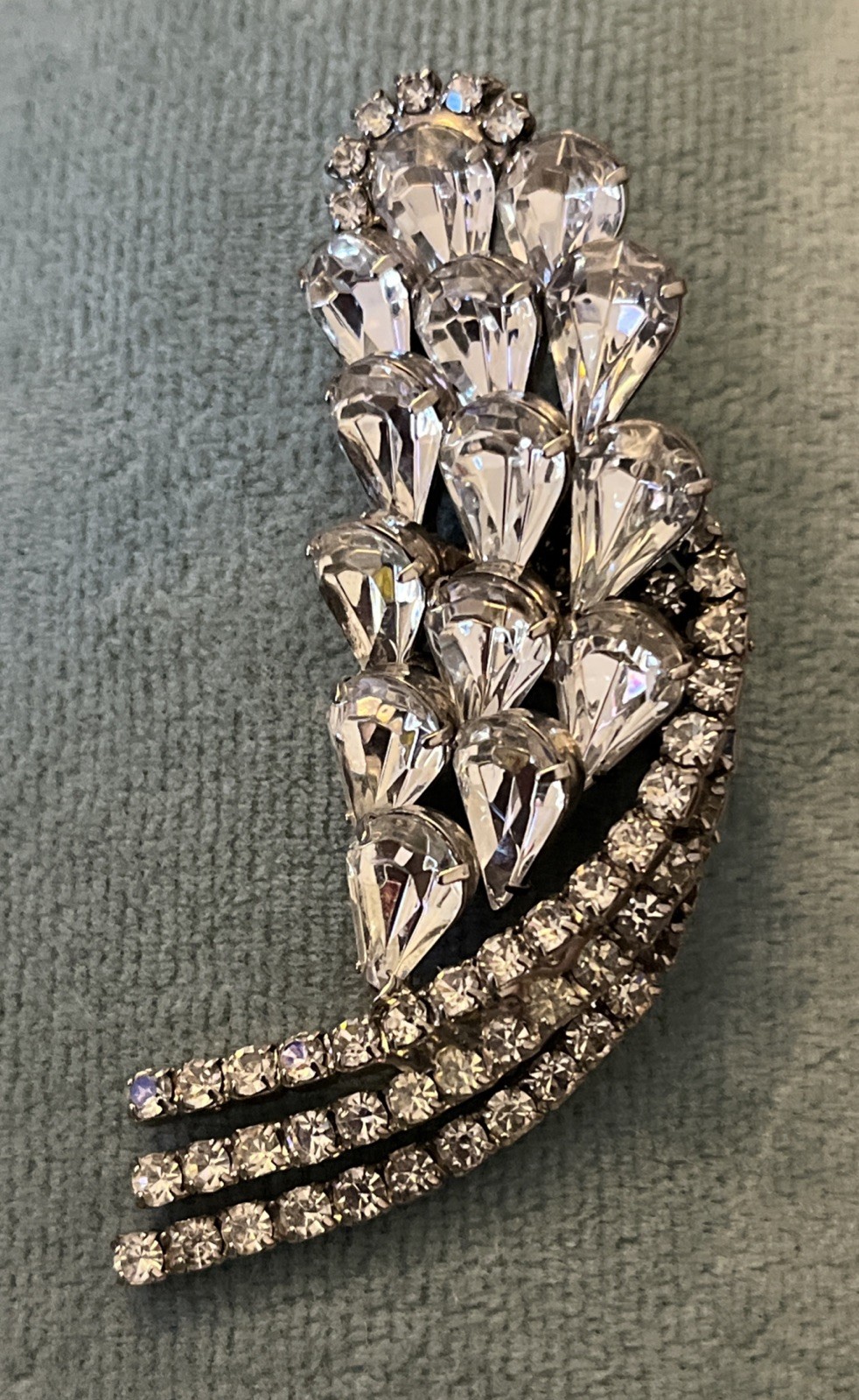 Vintage 1950’s Waterfall Cascading Brooch Rhodium Plated Clear Rhinestones