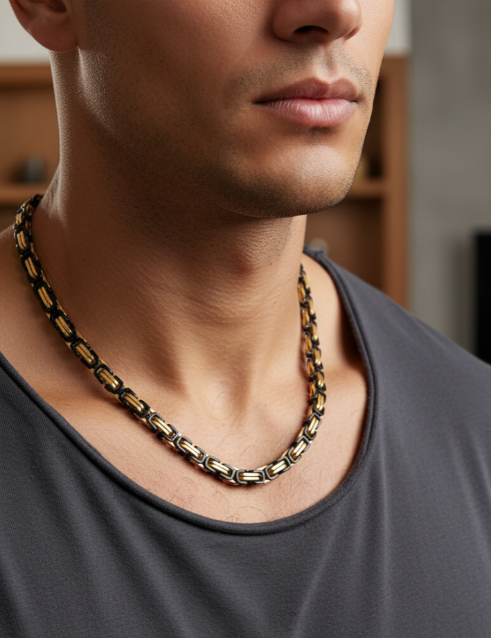 Black & Gold 7mm Byzantine Two-Tone Stainless Steel Unisex Necklace 27