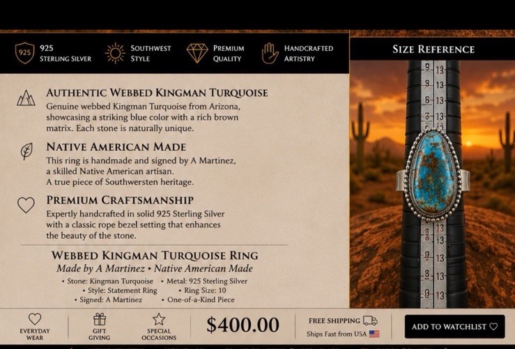 Navajo Web Kingman Turquoise Statement Adj Ring SS 925 Signed A Martinez Native