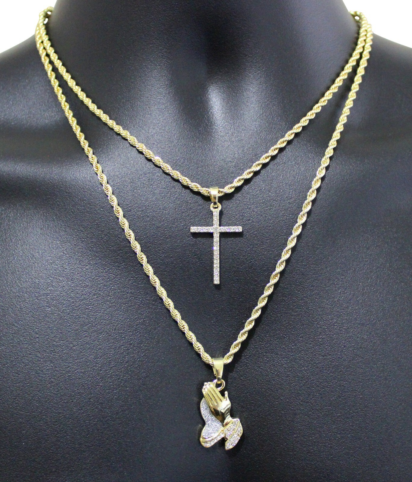 2pc Choker Set Thin Cross + Praying Hands Cz Pendants 14k Gold Plated Hip Hop