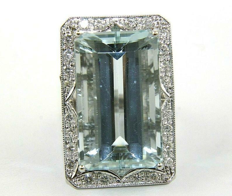 Halo 32.70CT Emerald Cut Aquamarine & Round CZ 935 Silver Women’s Solitaire Ring