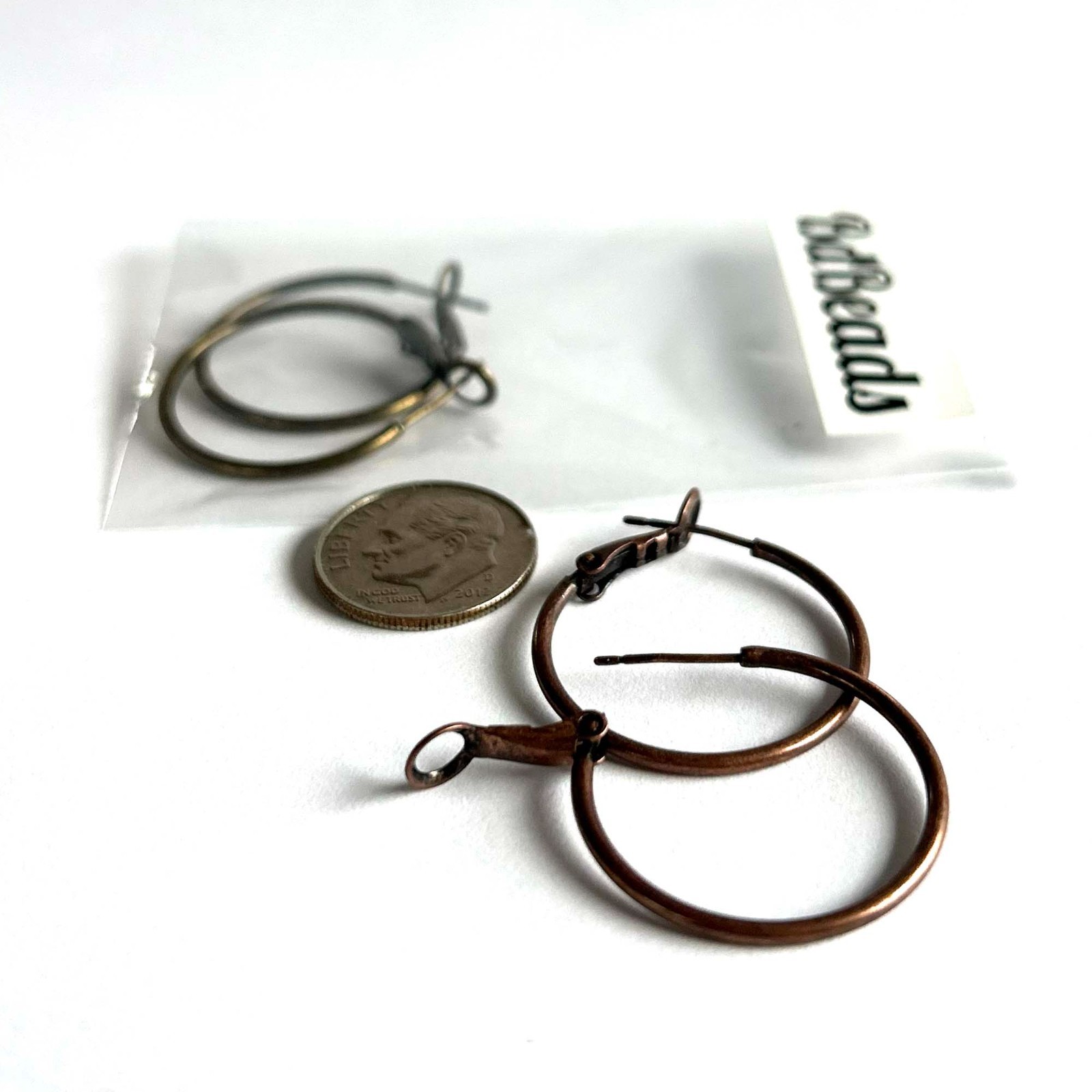 2 Pairs of 1 inch Hoop Earrings in Antique Copper & Bronze Omega Hinged Backing