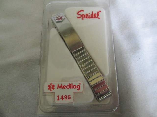 Vtg. Speidel Medilog Medical Alert ID Silver Tone Stretch Bracelet Engravable