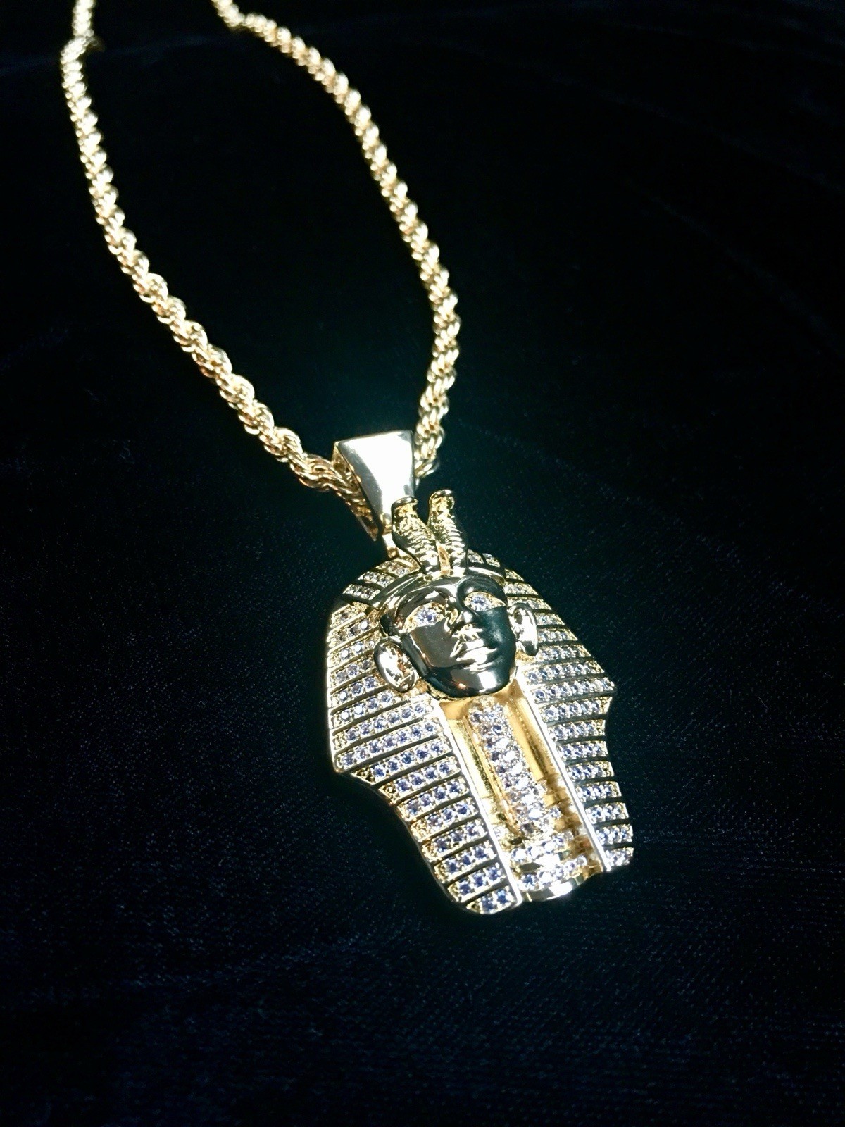 18K GOLD ROPE 24” CHAIN EGYPTIAN PHARAOH LAB DIAMONDS NECKLACE **MADE IN ITALY**