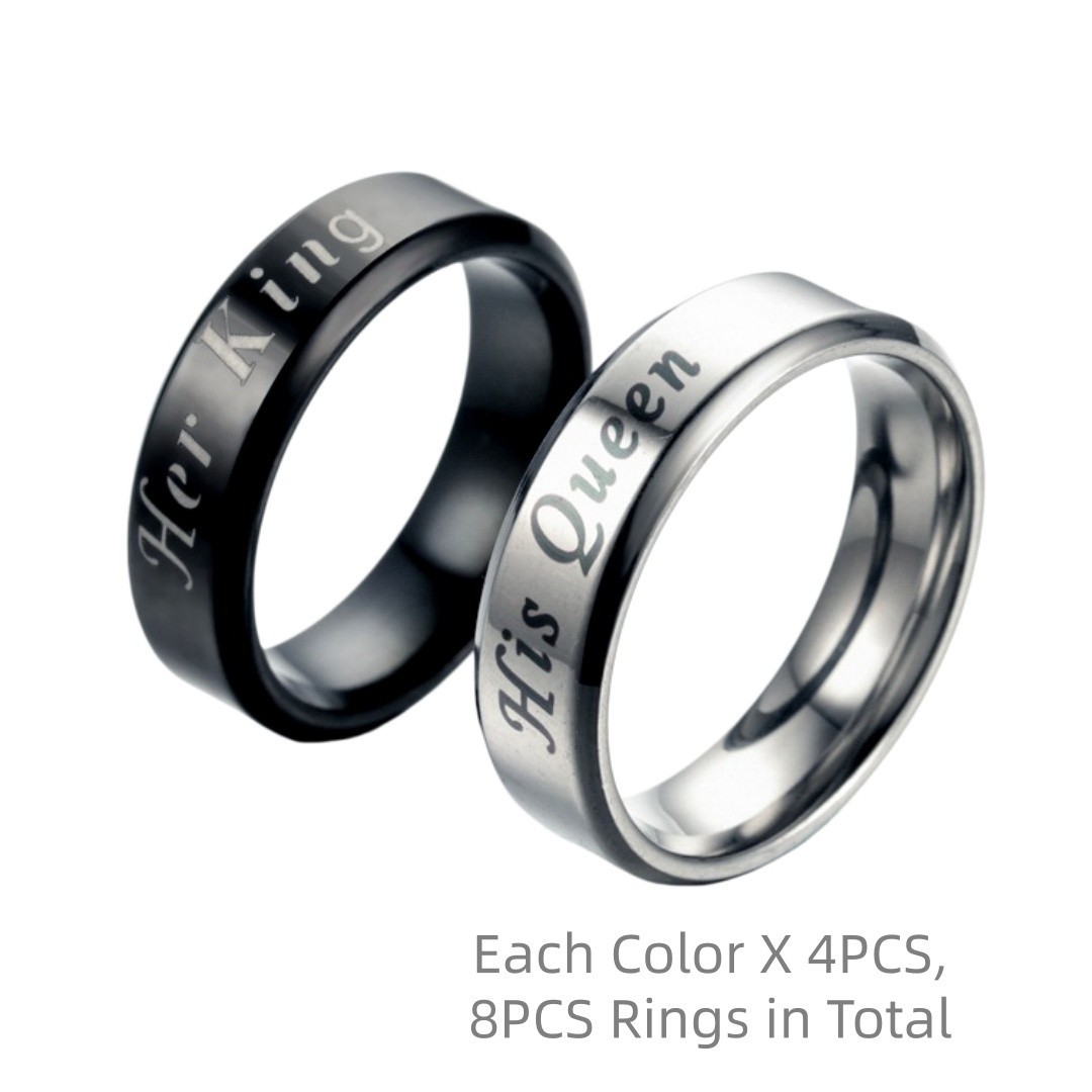 8PCS Silver Black Stainess Steel His Queen Her King Couple Rings Set 6mm Width