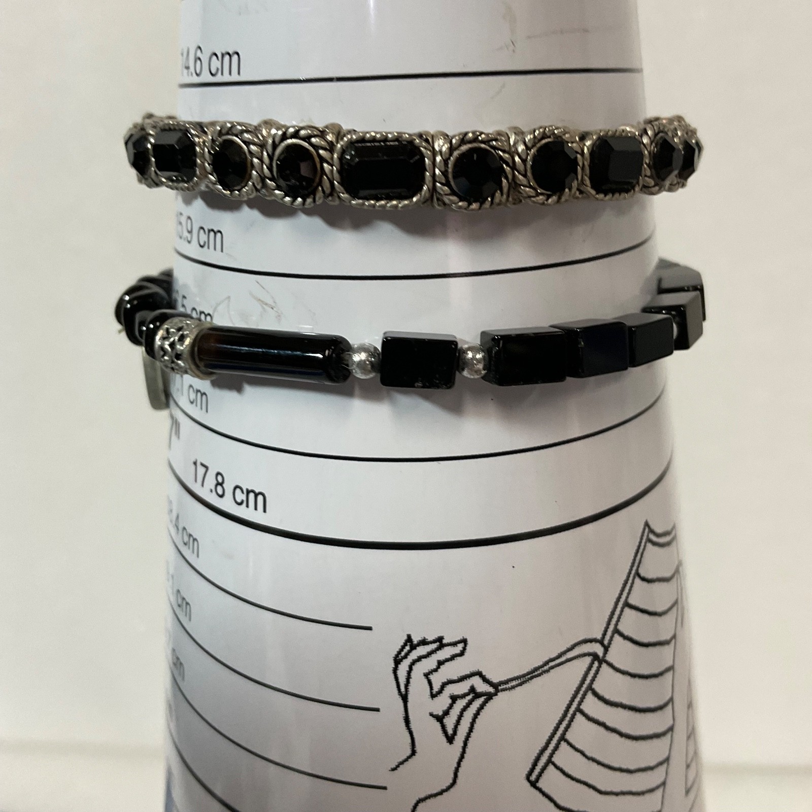 6in & 6.5in Black Beaded Bracelet Pair Silver Tone Stretch Jewelry Set