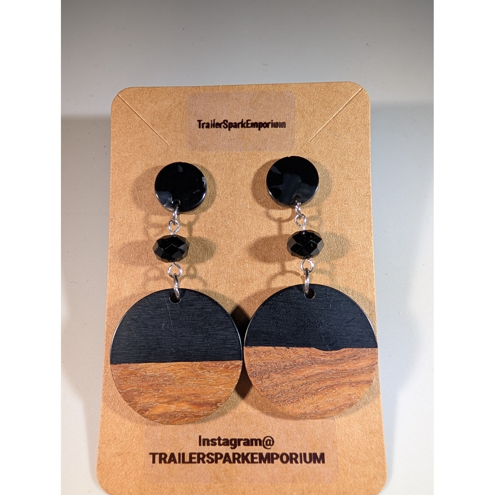 TrailerSparkEmporium Wood and Black Resin Geometric Circle Drop Earrings Boho