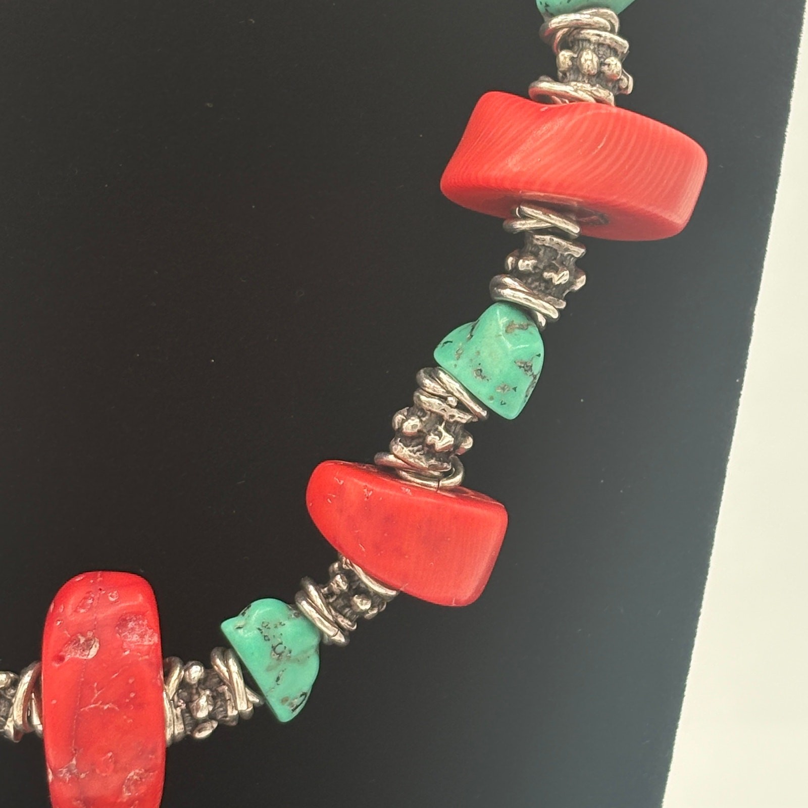 Artisan Bamboo Coral & Composite Turquoise Necklace with Sterling Silver Accents