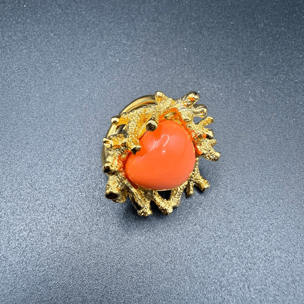 Kenneth Jay Lane coral reef adjustable ring orange gemstone set in gold New sz 6