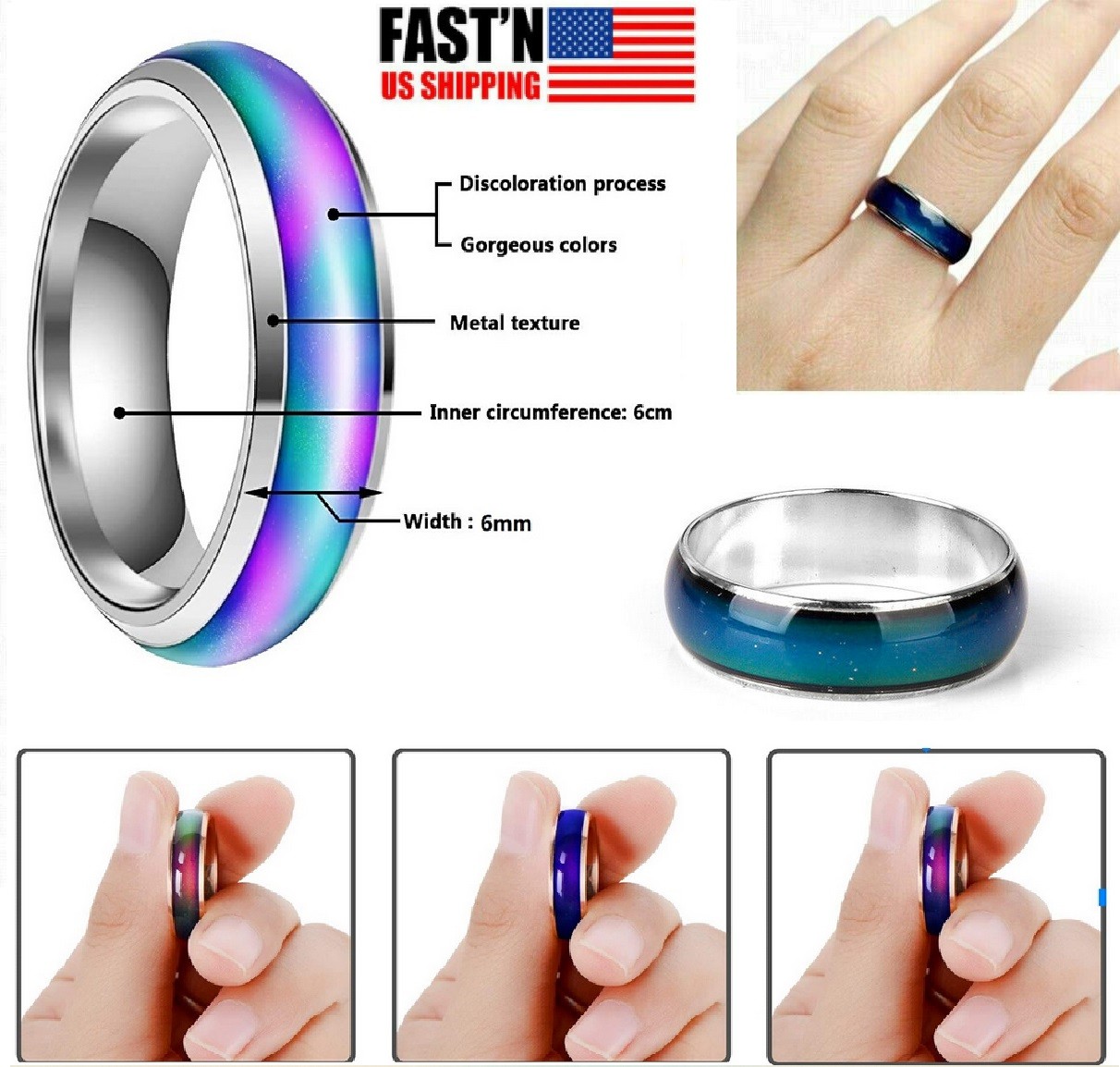 Temperature Changing Mood Ring for Men and Women, Stainless Steel Durable Couple