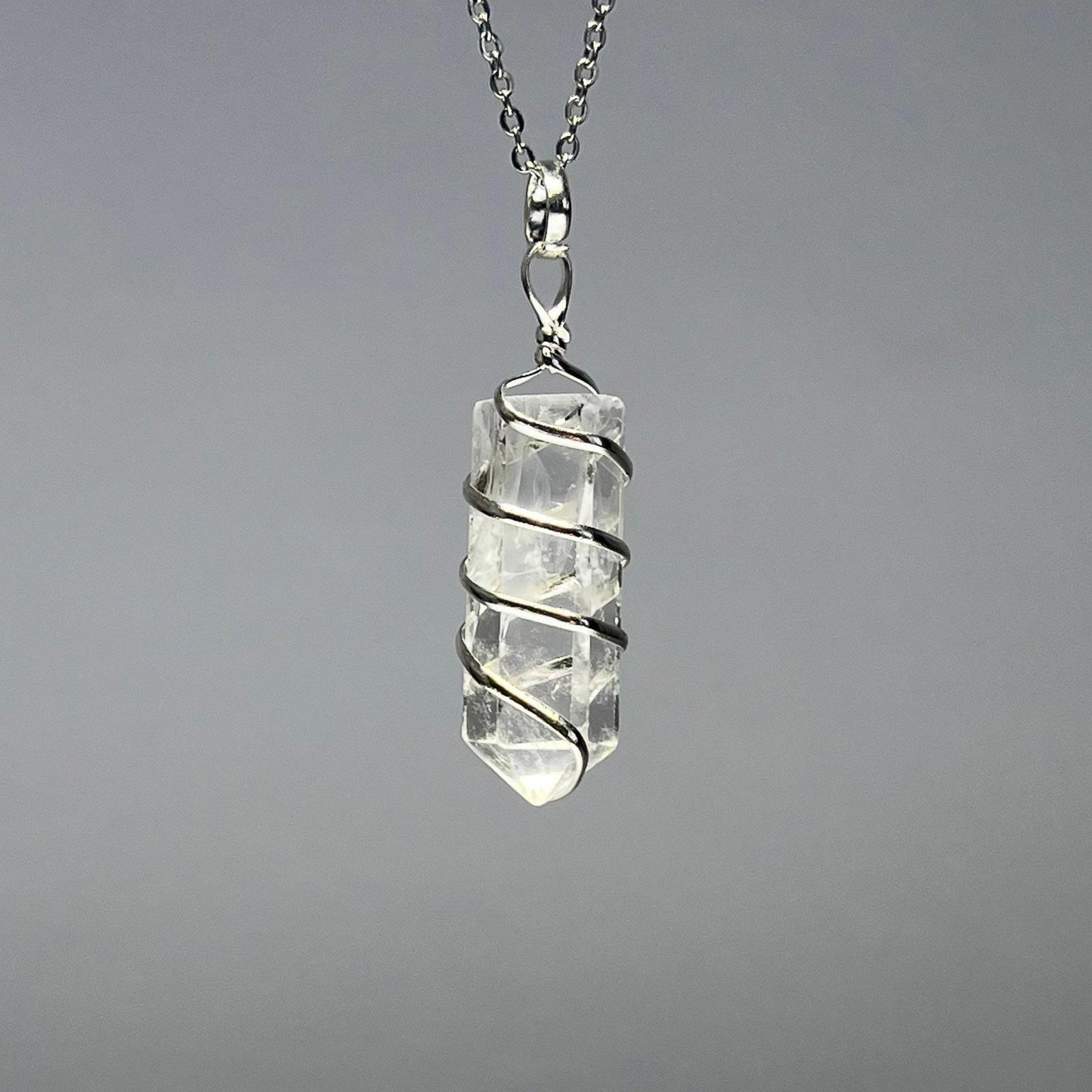 Clear Quartz Crystal Wire Wrapped Gemstone Pendant with Free Chain – CW