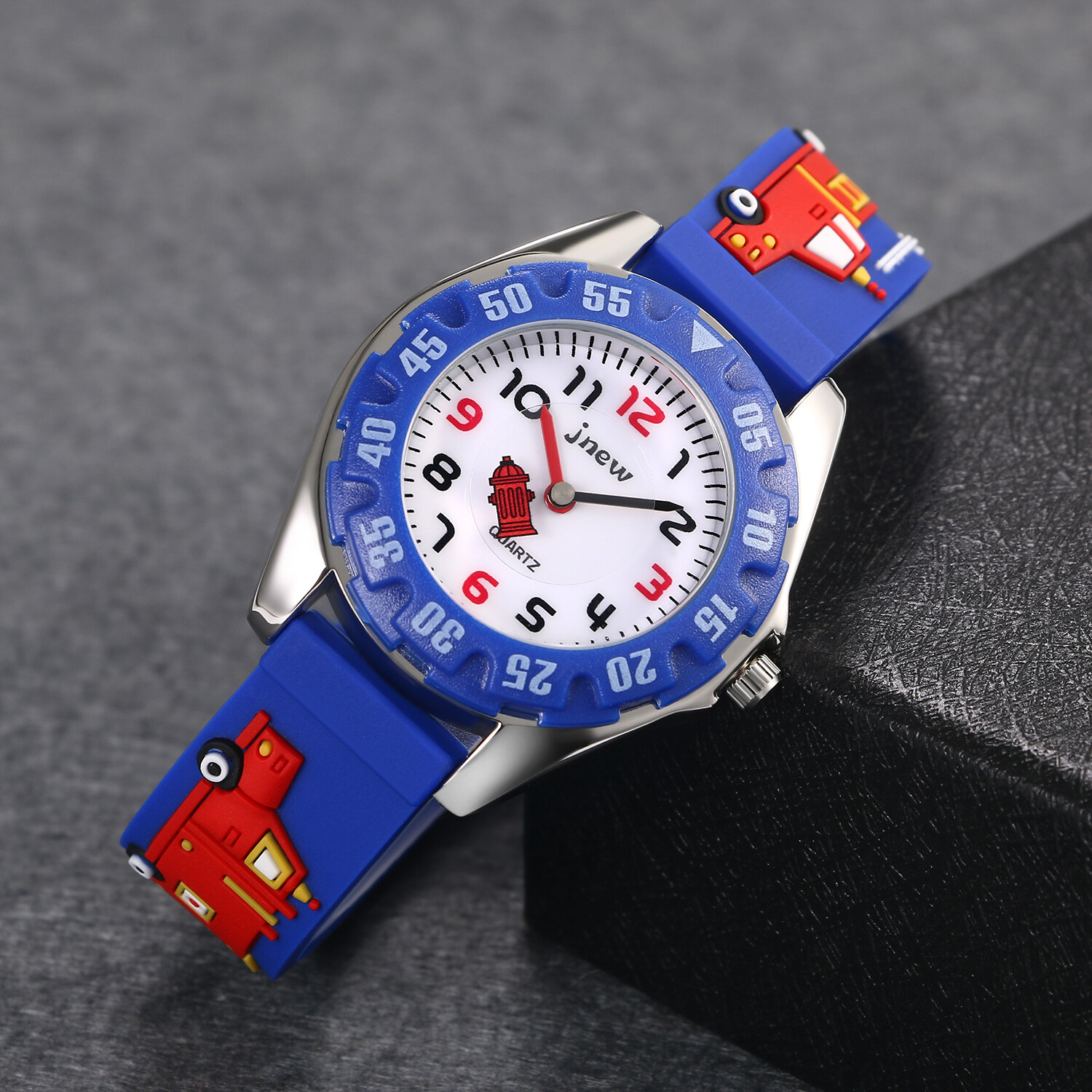 Children Rotatable Bezel Watch 3D Cute Kids Boy Fire Truck Strap Blue Wristwatch