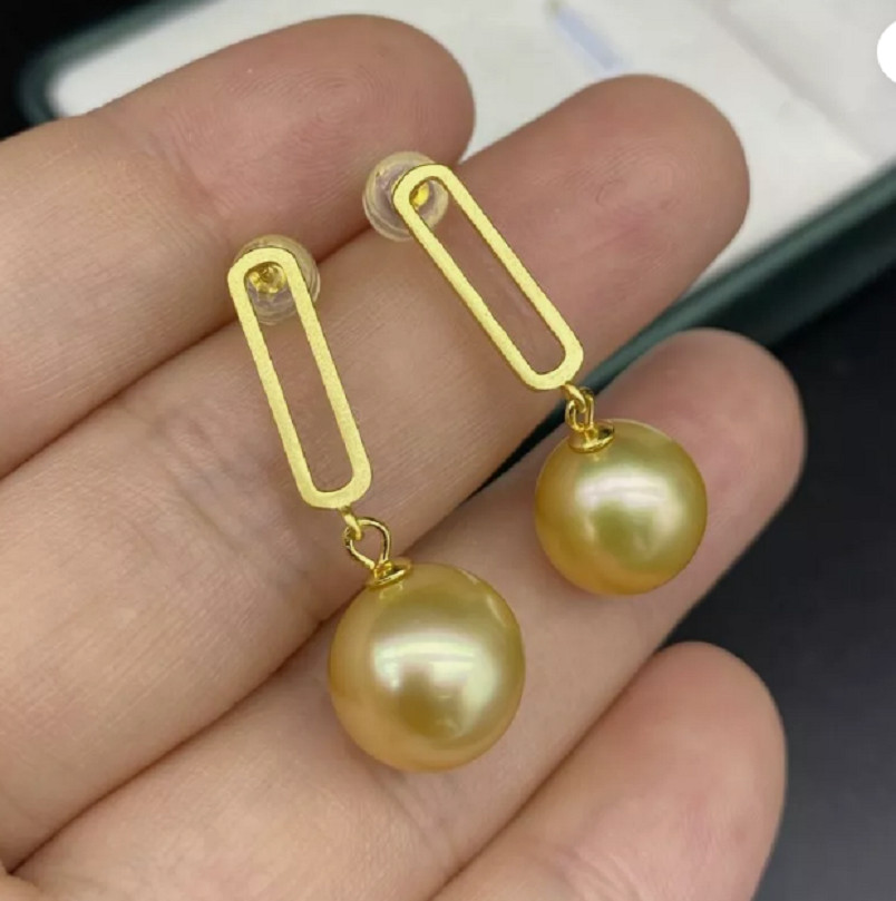 Beautiful AAA+ 11-12mm Natural South Sea Gold Pearl Earrings 14k
