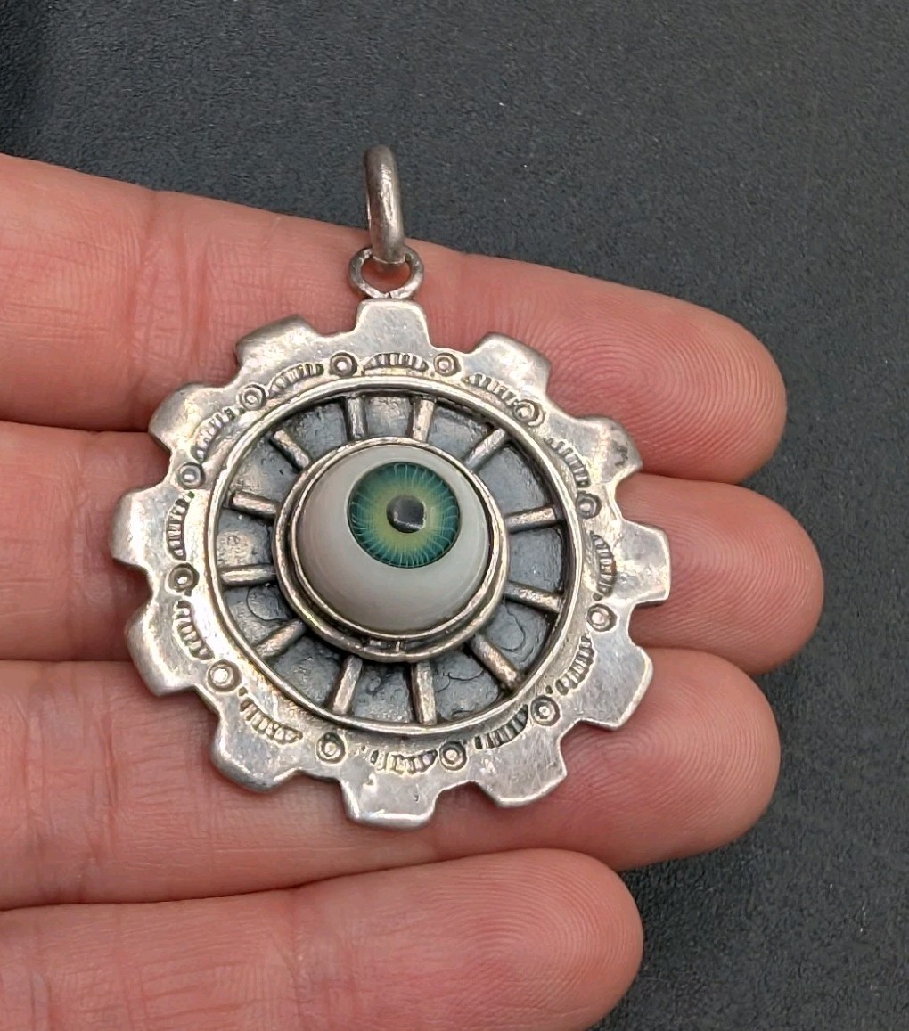 Sterling Silver 925 Evil Eye Good Luck Protection Stamped Steampunk Gear Pendant