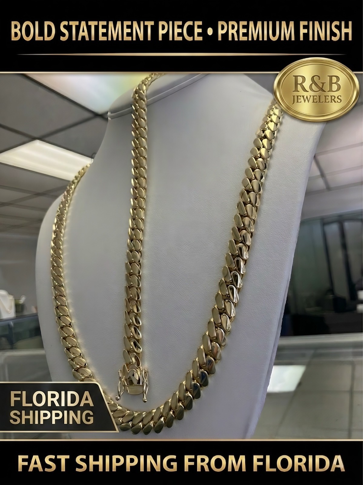 Miami Cuban Link SET Chain Necklace Bracelet 14k Gold Plated 10mm SOLID Box Lock