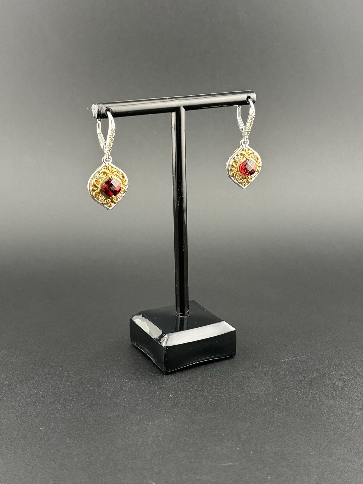 Genuine Garnet 925 Sterling Silver Two Tone Filigree Drop Earrings 7g