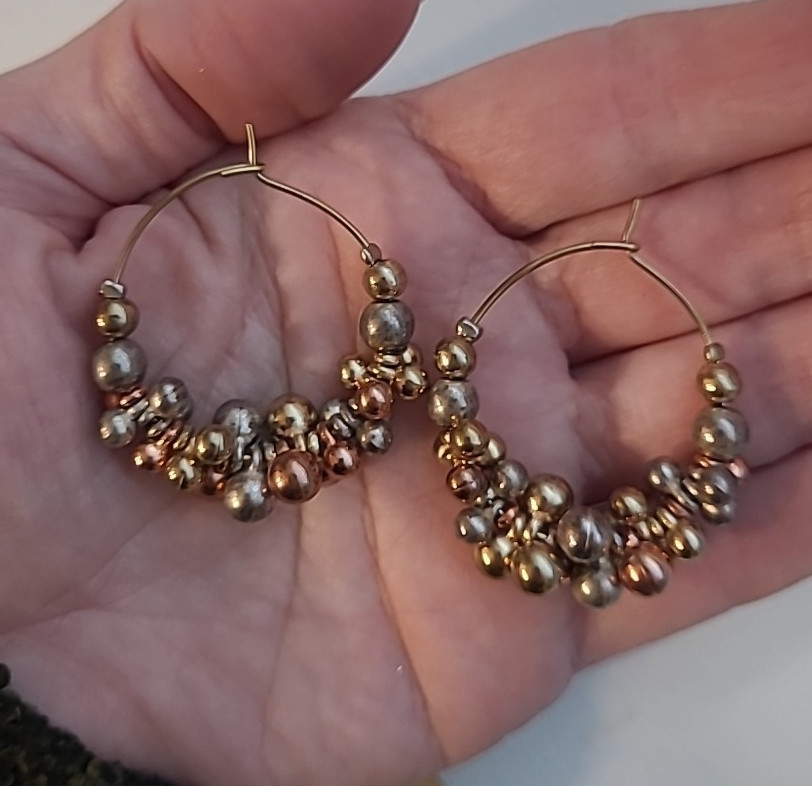 Wire Hoop Earrings Goldtone with Mixed Metal Balls 1.25 Inch