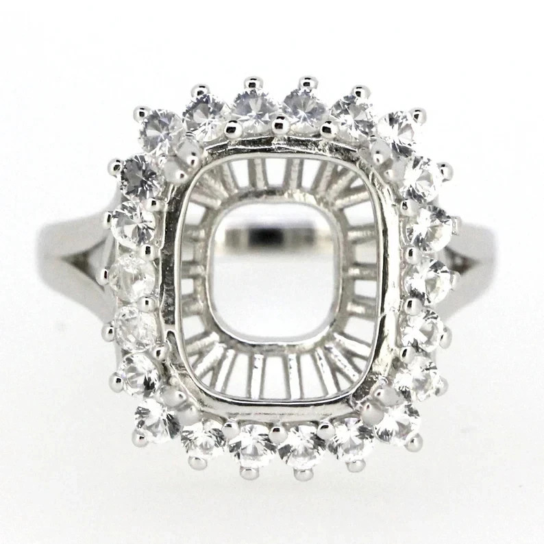 14K White Gold Over Semi Mount Ring Setting Radiant 12x10mm Halo Diamond Accent