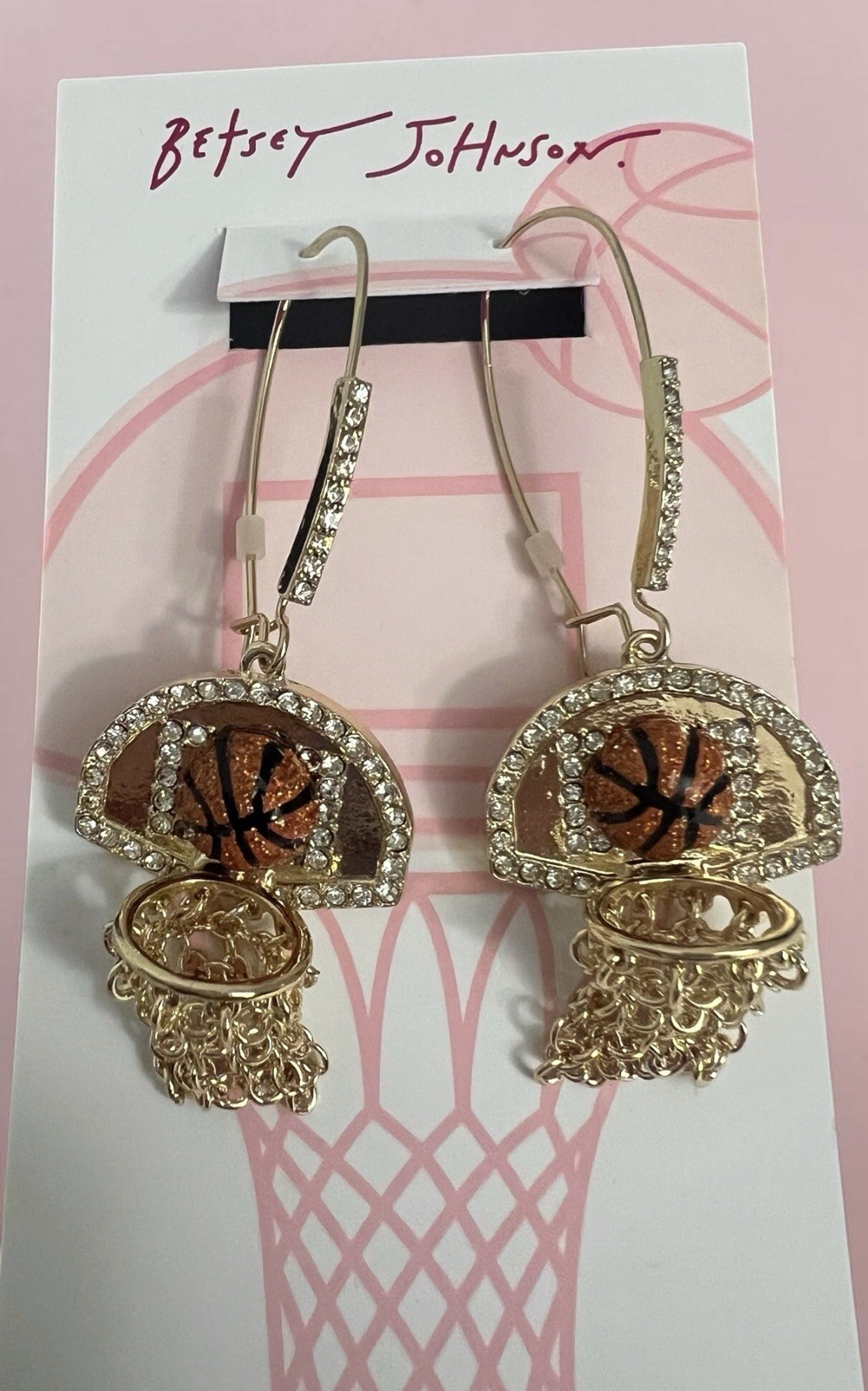 Betsey Johnson Earrings Nothing But Net Basketballs Gold Tone Chains Hooks NWT