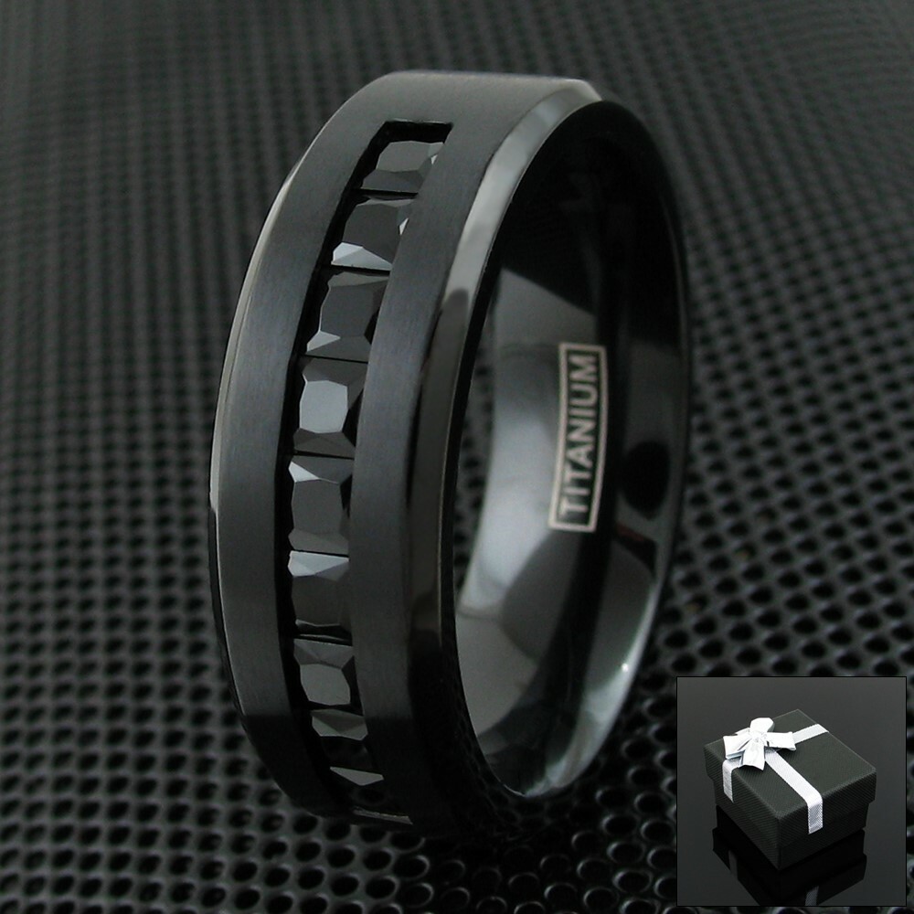 Black Titanium Men’s 1.8 Carat Princess Cut Black CZ Brushed Wedding Band Ring