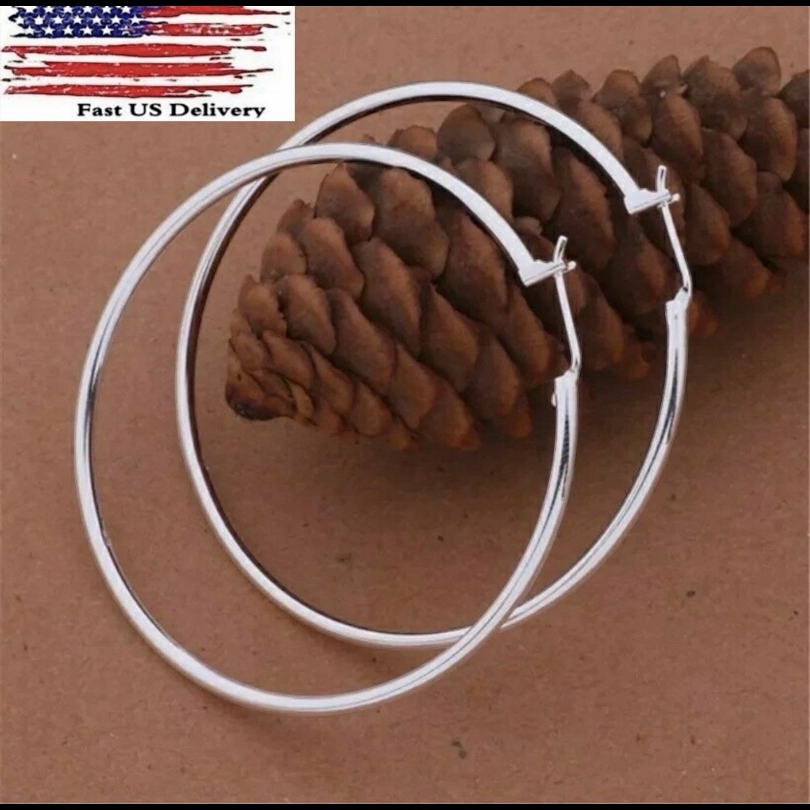 925 Sterling Silver 50mm 2” Big Round Large Thin Hoop Earrings A19