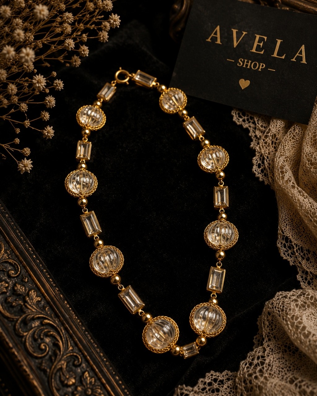 Vintage Gold Tone Clear Lucite Bead Statement Necklace | Retro Art Deco Style
