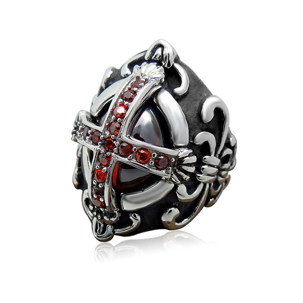Knights Crusades Templar Shield Cross Celtic Red Stone Stainless Steel Ring