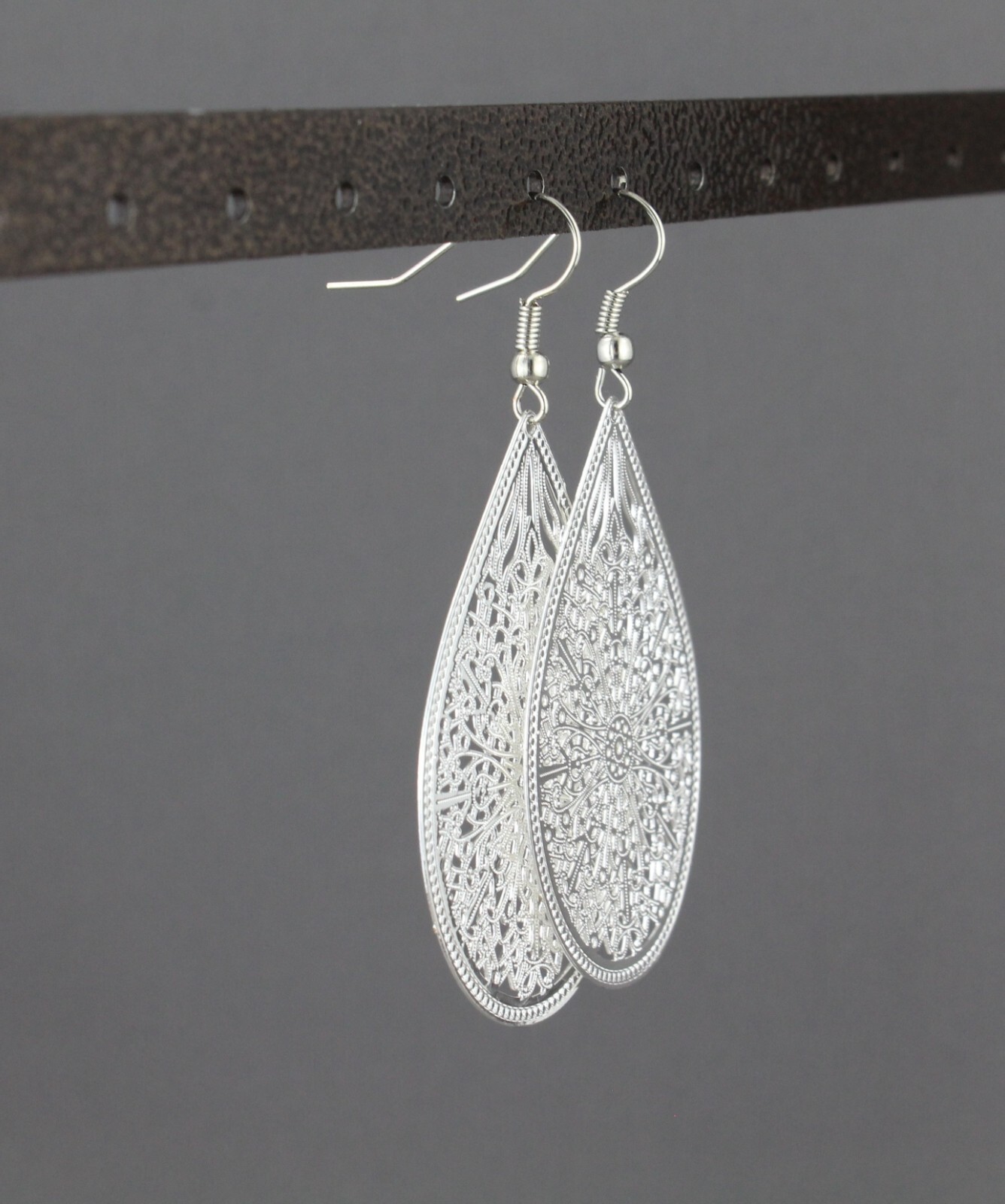 Silver earrings teardrop dangle shiny VERY lightweight filigree 2.5″ long