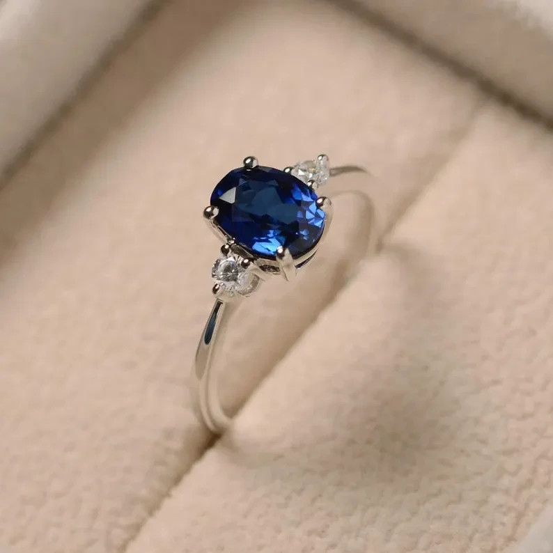 Sapphire engagement sterling silver ring lab created oval cut blue gemstone ring